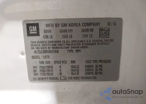 2016 Chevrolet Trax Lt from USA, damaged, VIN KL7CJLSB9GB637846